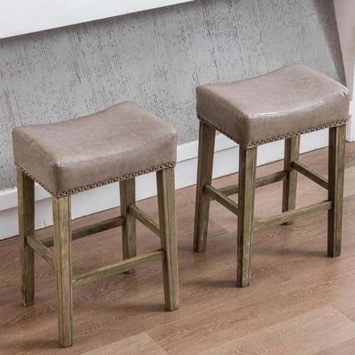 Set of 2 Counter Height Bar Stools, Solid Wood Legs, Faux Leather Cushion, Gray