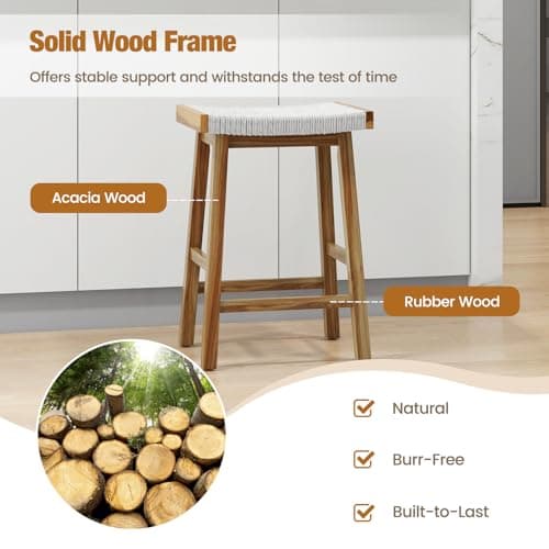 COSTWAY 25.5-inch Seaweed Woven Counter Height Kitchen Bar Stools, Set of 4, Rubber Wood & Acacia Frame