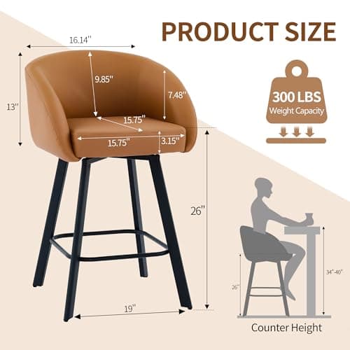 Caramel Brown 26" Swivel Bar Stools with Back Armrest (2PCS)