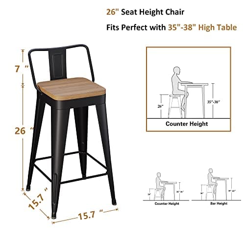 WENTMENT Black Wood Seat Counter Height Bar Stool Set of 4