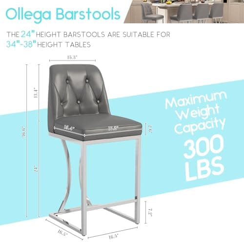 Silver Metal Frame Grey Bar Stools Set of 4 with Footrest