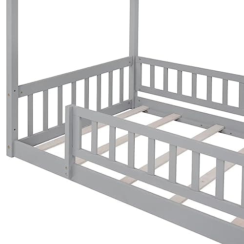 i-POOK Grey Wood Floor Bed with Fence & Roof for Kids
