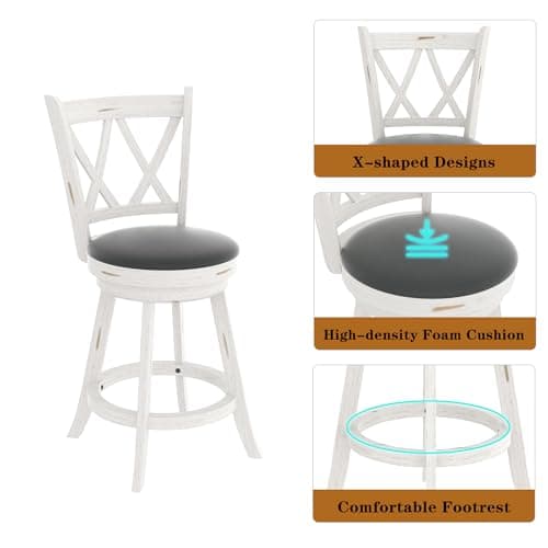 Antique White Swivel Bar Stools with High Back & Wood Footrest (Set of 2)