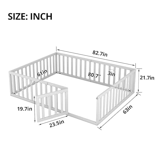 Montessori Floor Bed for Children, Queen Size White Wood Frame with Fence & Door