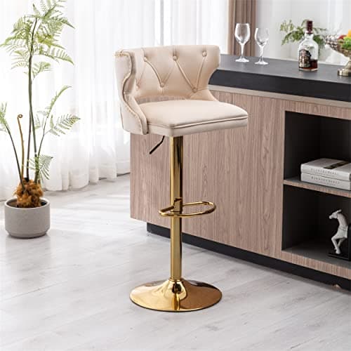 Adjustable Velvet Swivel Bar Stools Set of 2, Beige
