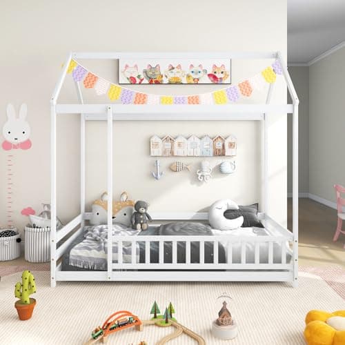 KOMFOTT White Wooden Twin Bed with Safety Guardrail & Roof for Kids