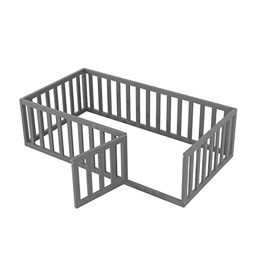 i-POOK Gray Twin Size Floor Bed with Safety Fence & Door