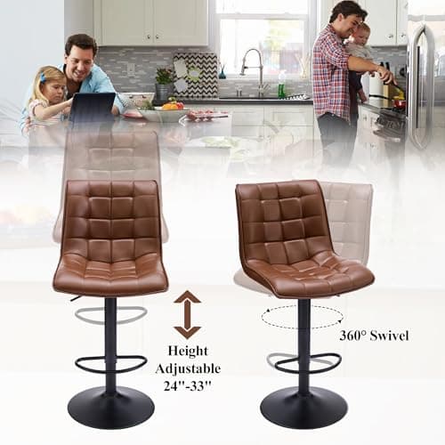 Modern Brown Bar Stools with Back, Set of 2, Adjustable Height 24"-33"