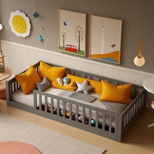 Montessori Twin Size Toddler Floor Bed with Wood Slats for Boys and Girls
