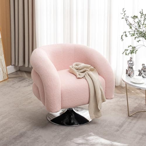 i-POOK Circle Swivel Chair, Boucle Single Sofa Chair with Swivel Base and Wood Frame, Pink