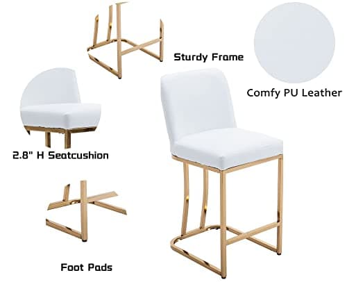 VESCASA Mid-Century Modern 24 Counter Height Barstools with Back - Set of 2, White Faux Leather with Gold Frame for Kitchen or Bar