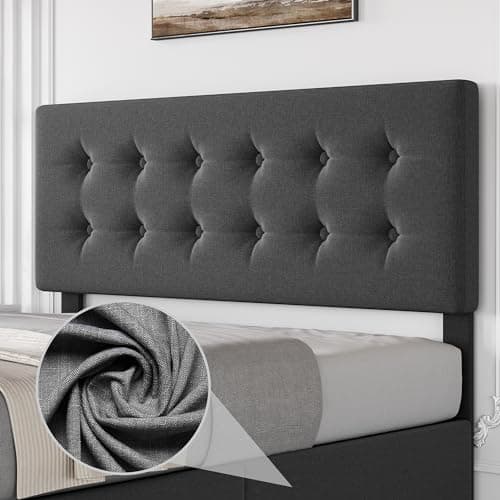 IDEALHOUSE Queen Size Linen Upholstered Bed Frame with 4 Drawers & Headboard, Dark Grey