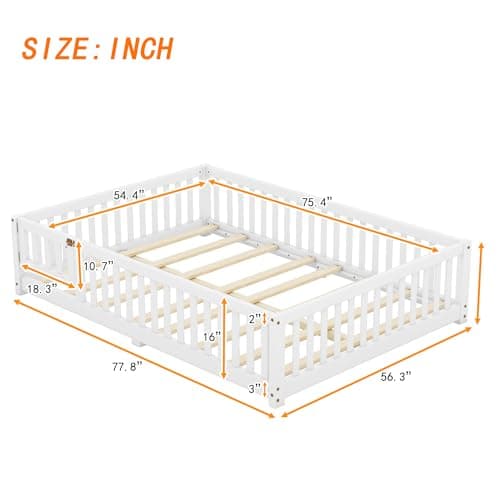Montessori Wooden Floor Bed Frame with Fence & Headboard, White