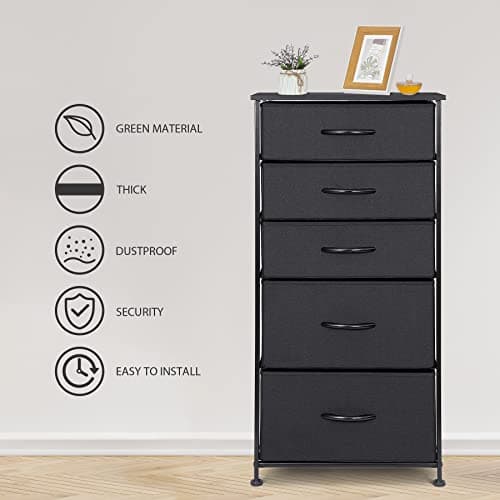 Black Vertical Storage Tower Dresser with 5 Drawers & Wood Top for Bedroom