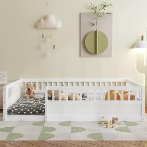 Montessori Ball & Cast Full Floor Bed Frame with Fence, White, No Box Spring Needed