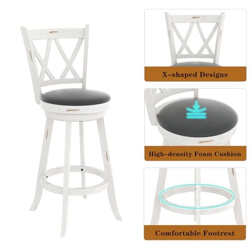 Antique White Swivel Bar Stools - High Back, Upholstered Seat & Solid Wood Footrest (Set of 2)