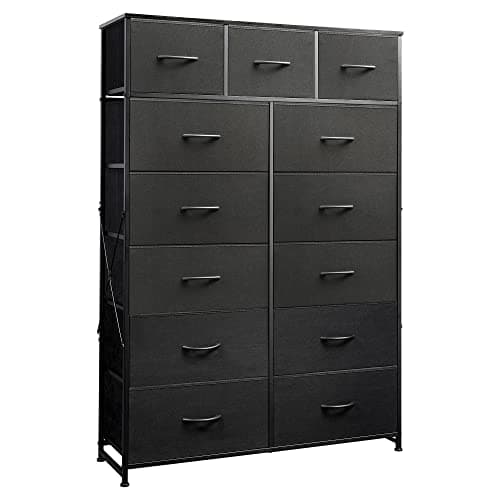 Charcoal Black Tall Dresser with 13 Drawers & Fabric Bins