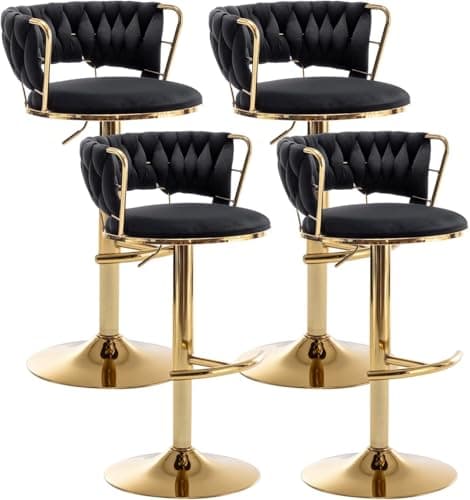 Beige Velvet Gold Bar Stools Set of 4, Counter Height, Low Back, Adjustable & Swivel