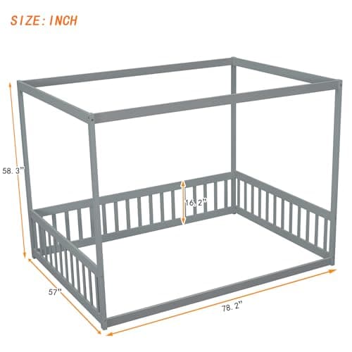 i-POOK Full Size Canopy Bed Frame with Fence, Grey