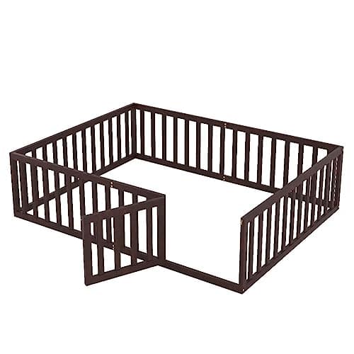 Montessori Floor Bed for Kids in Queen Size, Walnut Wood Frame with Fence and Door