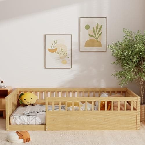 DNYN Twin Size Space-Saving Floor Bed for Kids, Natural Solid Wood & Easy Assembly