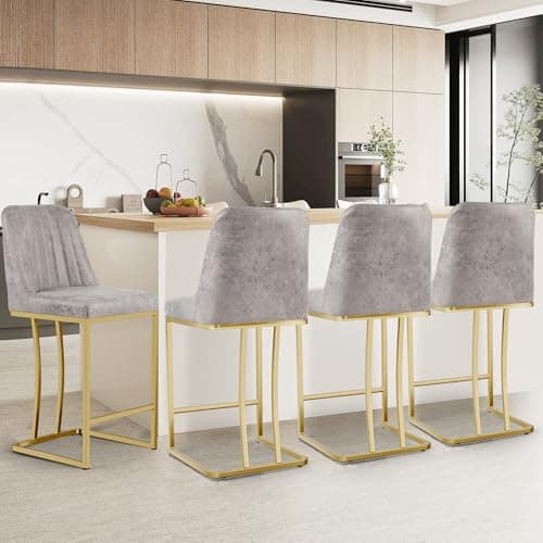LSSBOUGHT Gold Metal Counter Height Bar Stools Set of 4, Beige Padded Leathaire Back
