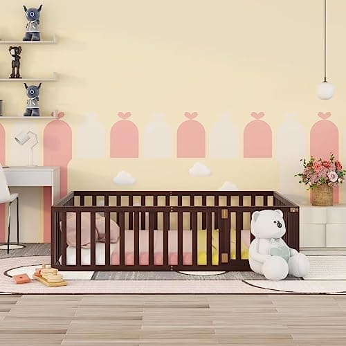 Montessori Floor Bed for Kids in Queen Size, Walnut Wood Frame with Fence and Door