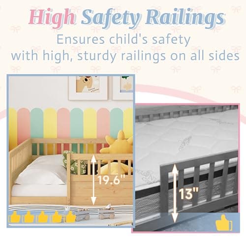 Montessori Full Size Floor Bed with High Rails for Kids, Natural Wood