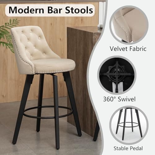 Beige Velvet Button Back Bar Stool Set, 4 Pack for Kitchen Island