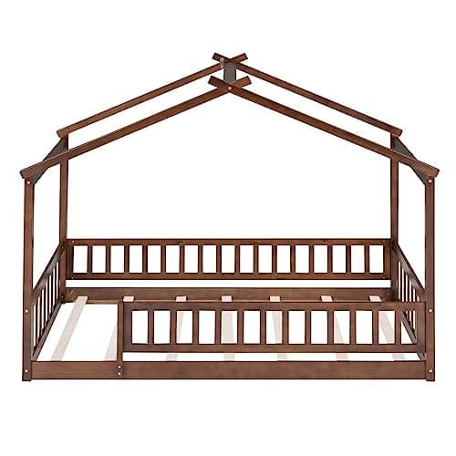 i-POOK Walnut Twin Size Montessori Wood Floor Bed with Fence and Roof