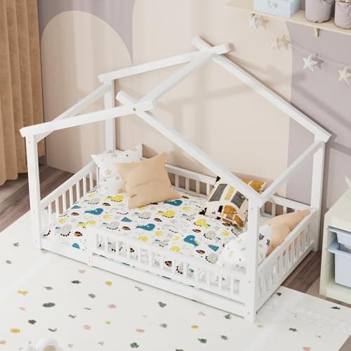 White Wooden Fence Twin Bed with Slats Support for Kids Bedroom