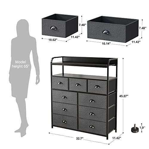 Dark Grey Fabric Dresser with 9 Drawers & 2 Shelves, Metal Frame