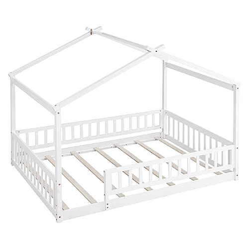 White Wooden Montessori Style Floor Bed with Fence for Kids