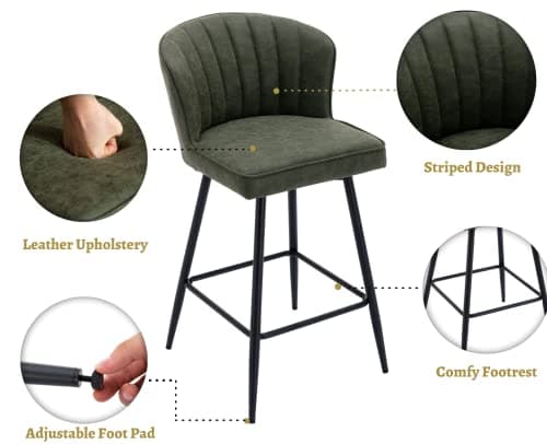 EALSON Green Counter Height Bar Stools Set of 2 Modern Leather Backbar Chairs