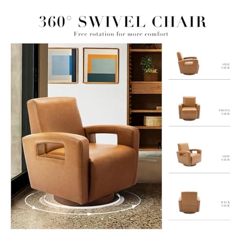 Lightbrown Faux Leather Swivel Chair Set, Solid Wooden Base, Ergonomic Backrest