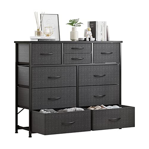 LUMTOK 10-Drawer Fabric Dresser, Steel Frame, Wood Top (Grey)