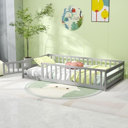 KOMFOTT Grey Twin Size Wooden Montessori Floor Bed with Safety Guardrails & Door