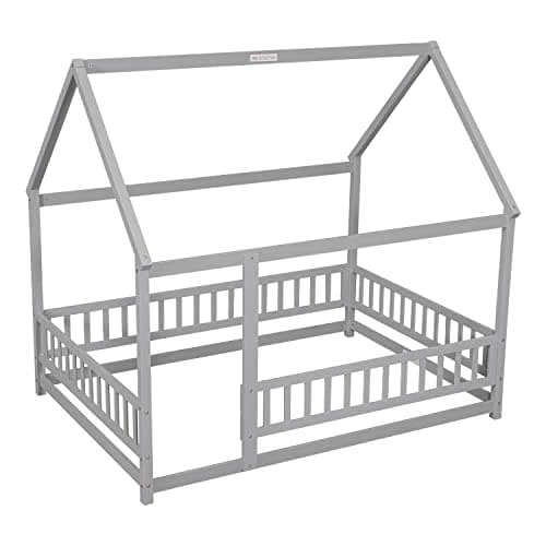 Solid Wood Platform Bed for Boys and Girls with Guardrails and Door Playhouse, Gray