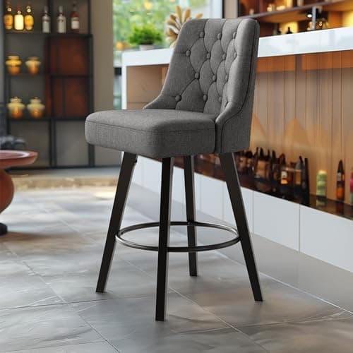 Retro Upholstered Swivel Bar Stools, 360 Rotation, Gray Linen, Solid Wood Legs, Kitchen Island, 26" H Seat