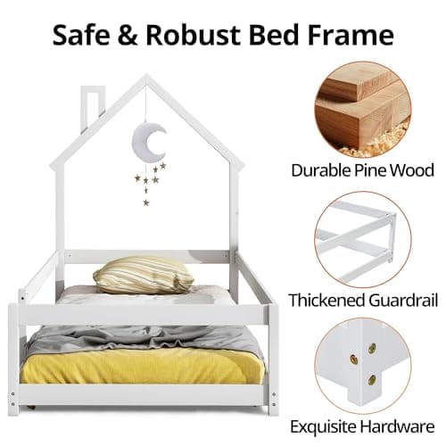Modern Twin Size Montessori Floor Bed for Children, Boys, Girls - White