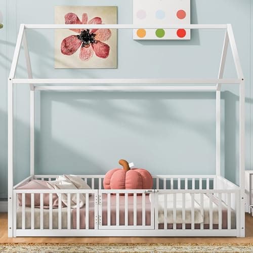 Merax Full Size Montessori Metal House Bed with Roof, White