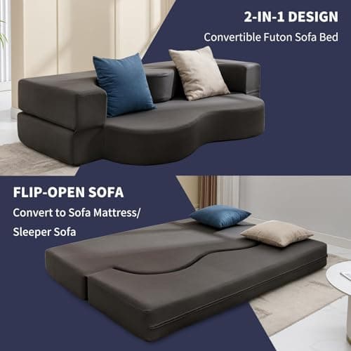 ijuicy Dark Grey Queen Size Foldable Futon Sofa Bed, Foam Mattress Lounge Sleeper