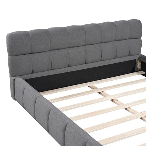 Modern Tufted Queen Platform Bed Frame - Gray Linen Wingback Style