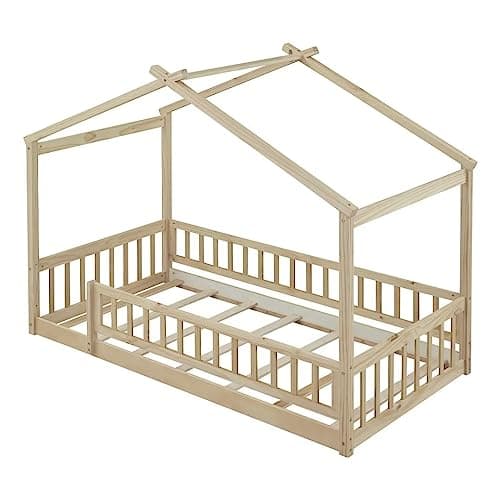 i-POOK Twin Size Montessori Bed Playhouse with Fence and Roof for Kids