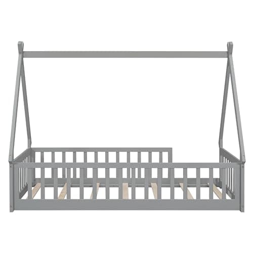 Montessori Floor Bed for Kids with Guardrails, Twin Size, Tent-Shaped Grey Frame