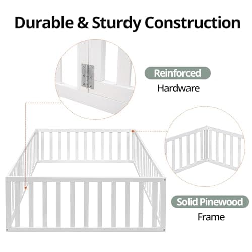 Multifunctional White Montessori Queen Bed with Fence & Door for Kids