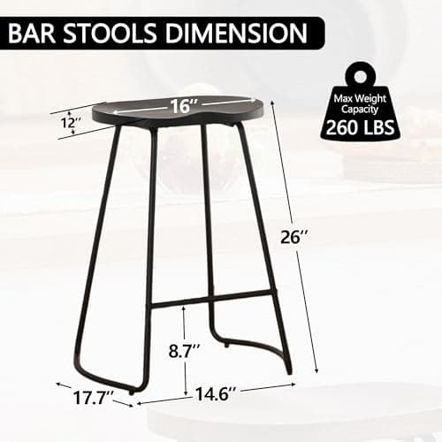 Rustic Black Bar Stool Set, 26" Counter Height (2 PCS)