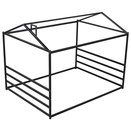 Queen Size Metal House Bed for Kids, Black