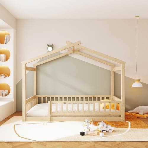 Bellemave Full Size Montessori Wood House Bed with Fence, Natural