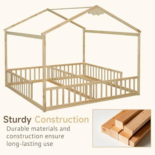 Twin Bed Frames for Kids, Montessori Wood Fence Railings, Natural Tone